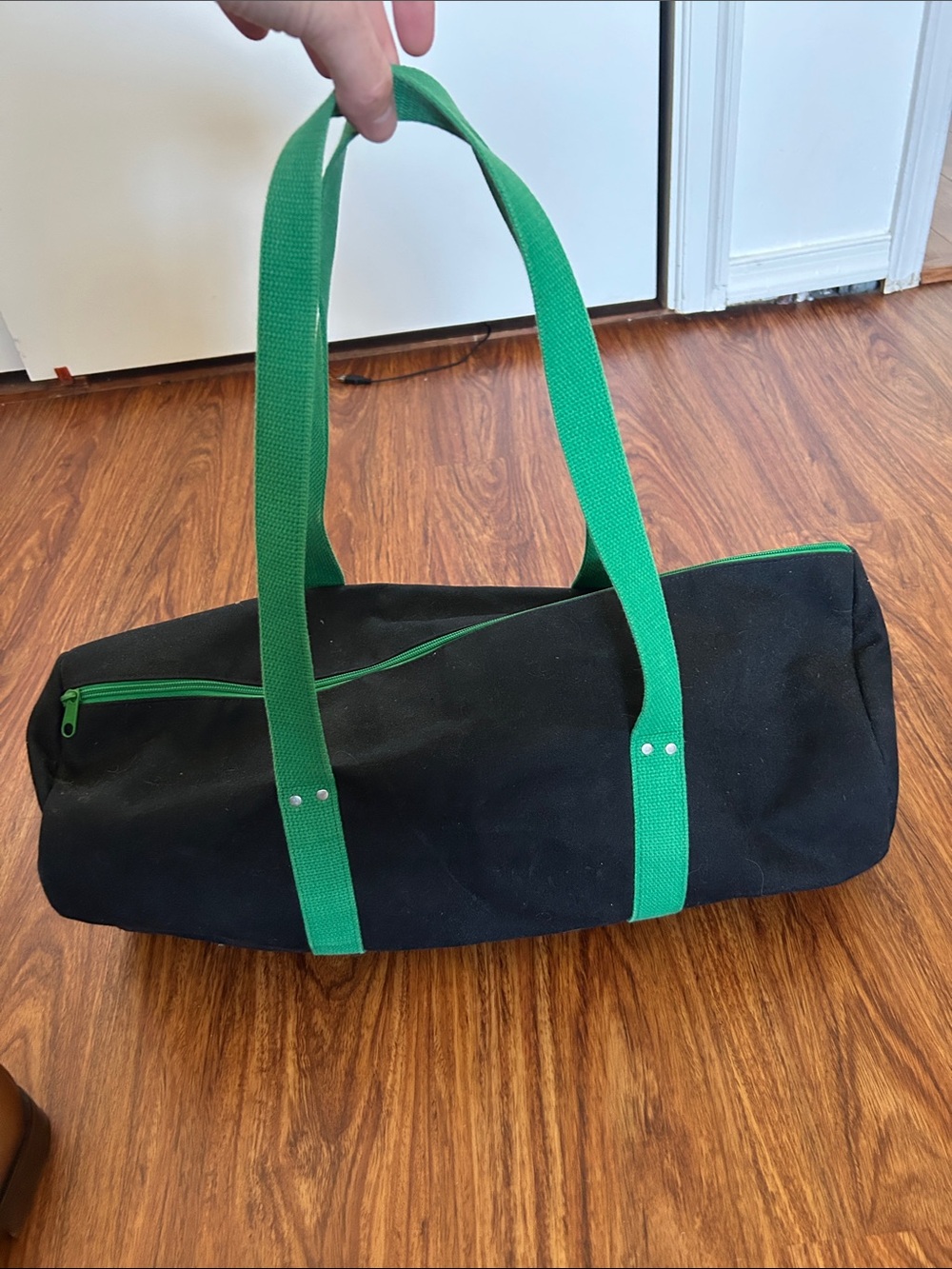 Black Canvas Duffel Bag with Green Straps